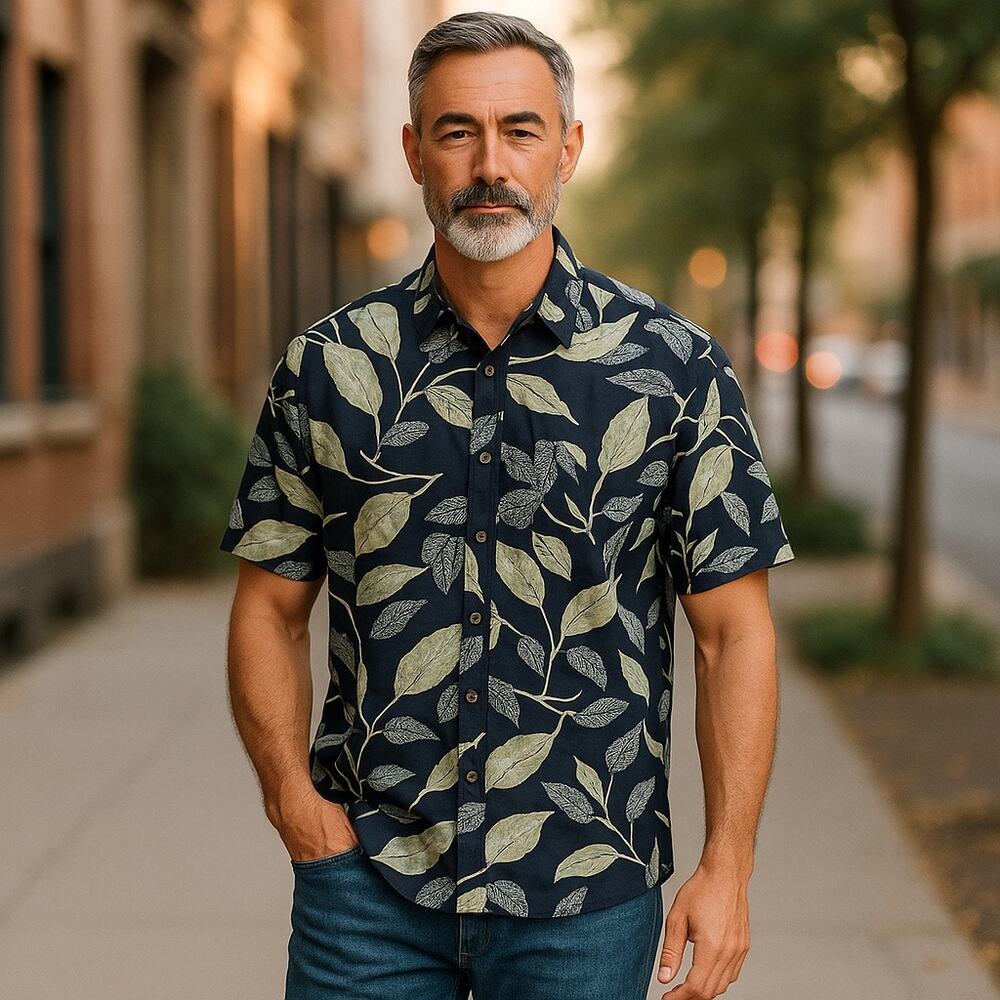 5/$35   Island Shores Mens Shirt Sz XL Blue Green White Leaves Hawaiian Tropical